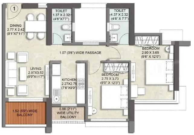 Kalpataru Paramount 2 BHK 712 Sqft Floor Plan Kapurbawdi Thane West